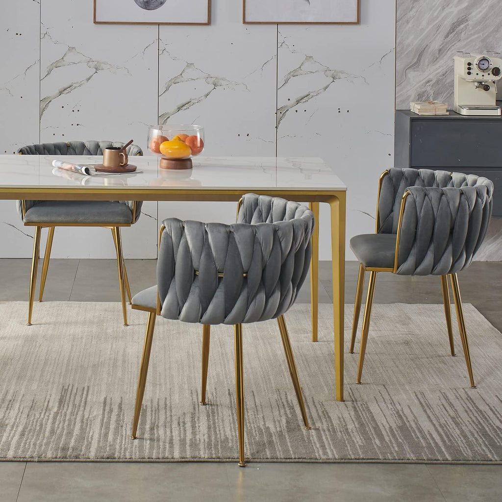 Velvet Dining Chairs Set of 6 with Golden Metal Legs and Woven Backrest - Grey