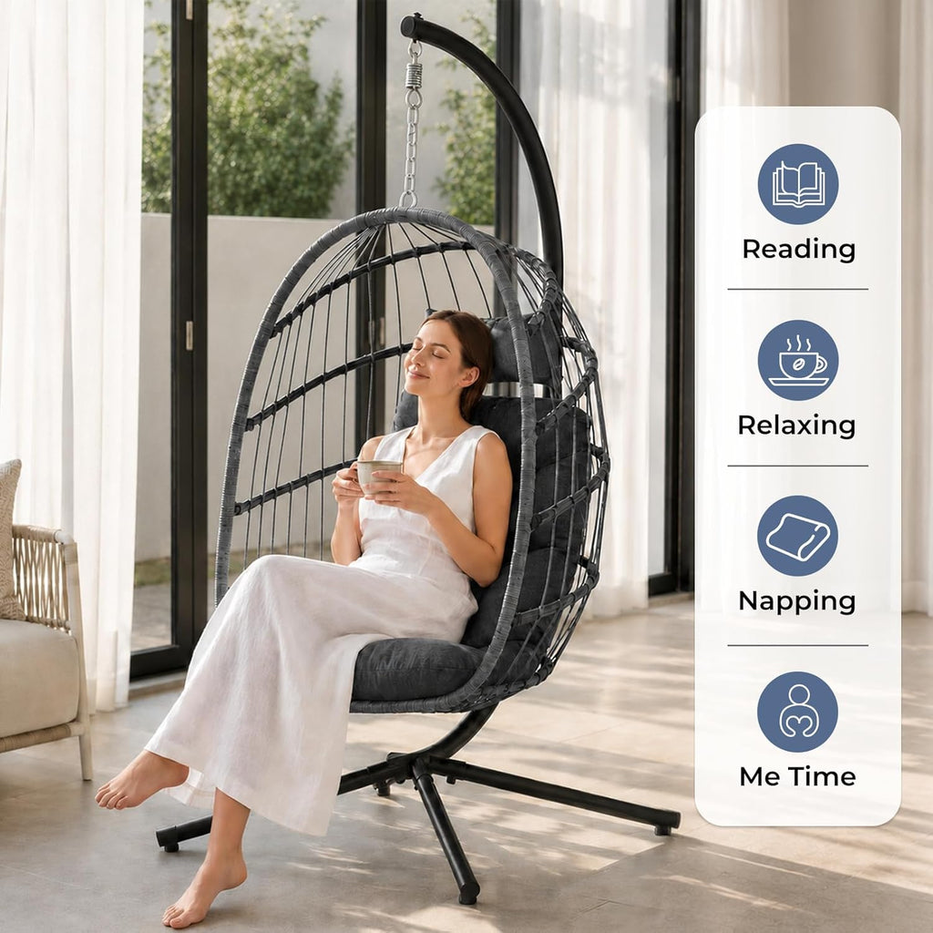 Outdoor Hanging Egg Chair with Stand, Indoor Wicker Egg Shaped Swing Chair with Cushion, 370lbs Capacity Comfy Patio