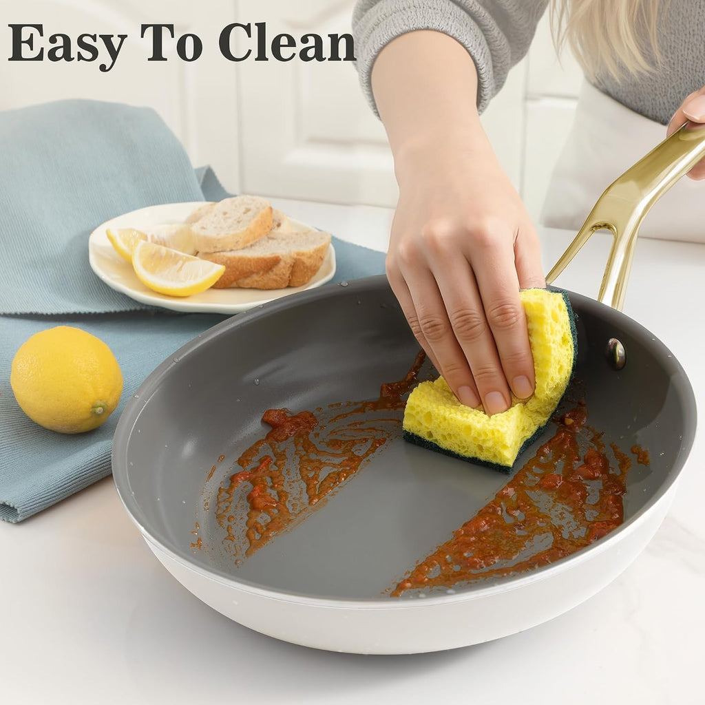 White 10 Piece Ceramic Cookware Set | Pots Pans for Family Meals | Include saucepan, saute pan, stockpot, frying