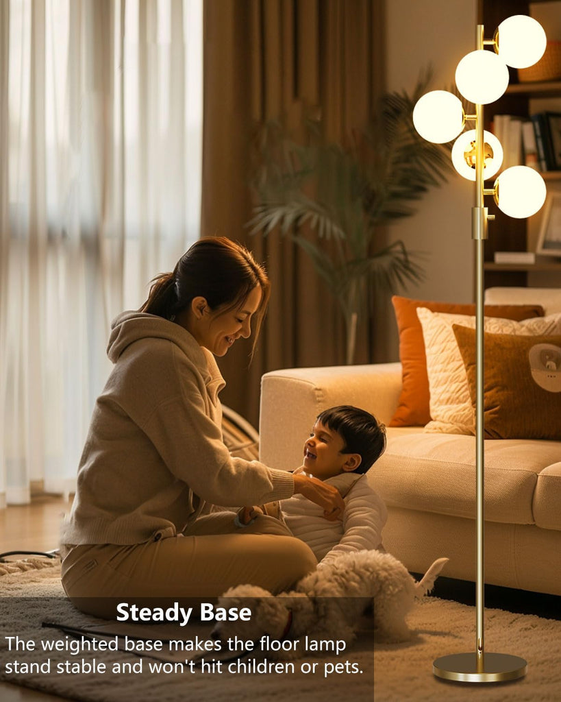 Dimmable Globe Floor Lamp Mid Century Modern Floor Lamp with 5Pcs 3000K Bulbs Included Brightness Adjustable Gold
