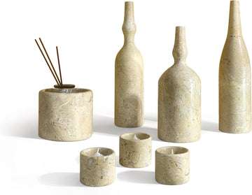 Natural Marble Home Decor Set: Luxury 7-Piece Vase & Candle Holder Collection - Golden Beige Stone Accessories &