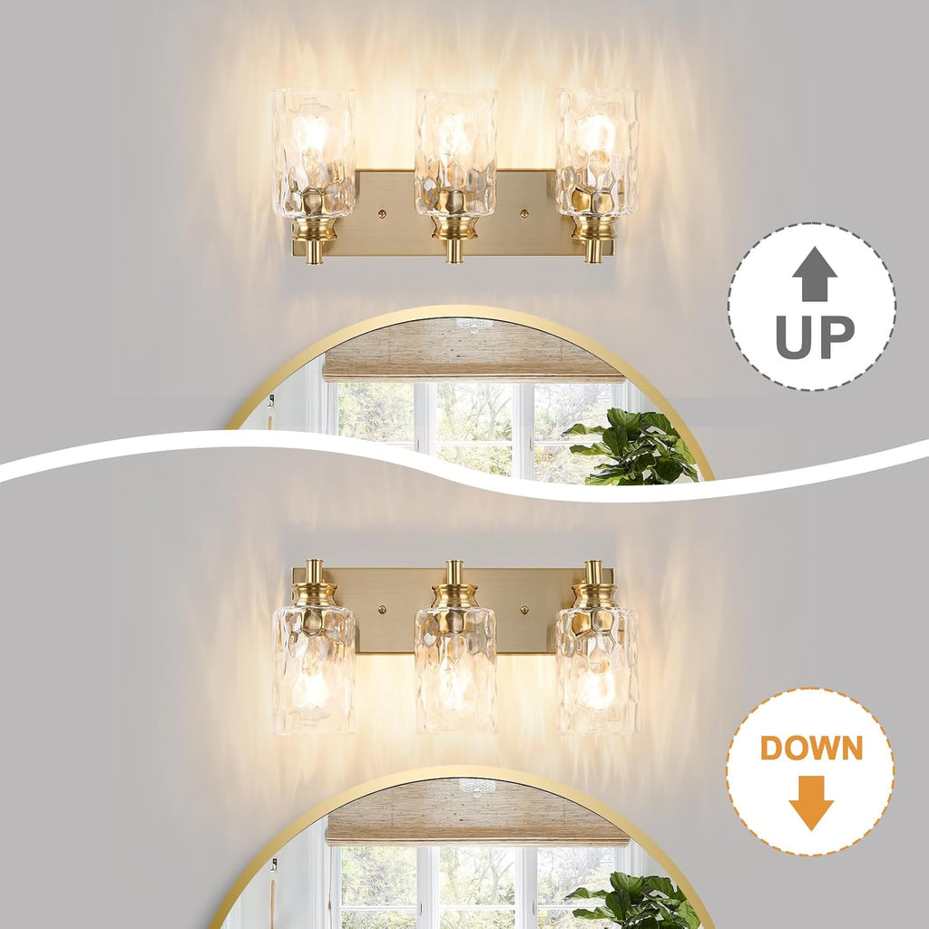 3 Light Bathroom Vanity Light Modern Brushed Gold Bathroom Light Fixtures Over Mirror with Hammered Glass Lampshade