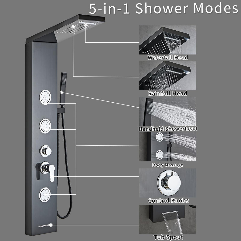 5-In-1Shower Panel Tower System-Brushed Black
