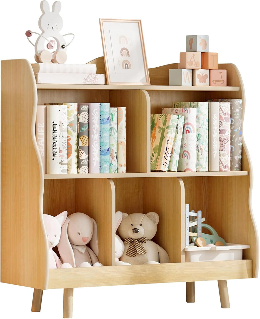 Kids Bookshelf and Toy Storage Orangizer, 3-Tier, Curve | Children's Bookcase, Curve Design, 5 Cubbies Toy Storage