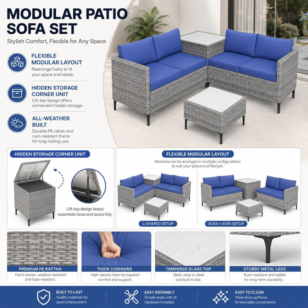 All-Weather PE Rattan Patio Furniture Set, 4 Piece Outdoor Sectional Sofa Couch with Storage Coffee Table, l-Shaped