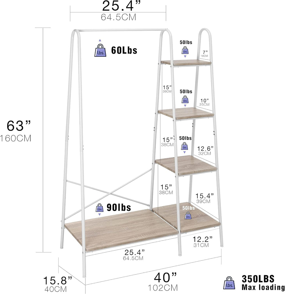 Metal Clothes Closet Rack, Clothing Rack for Hanging Clothes White Heavy Duty Garment Rack with 5 Wood Shelves