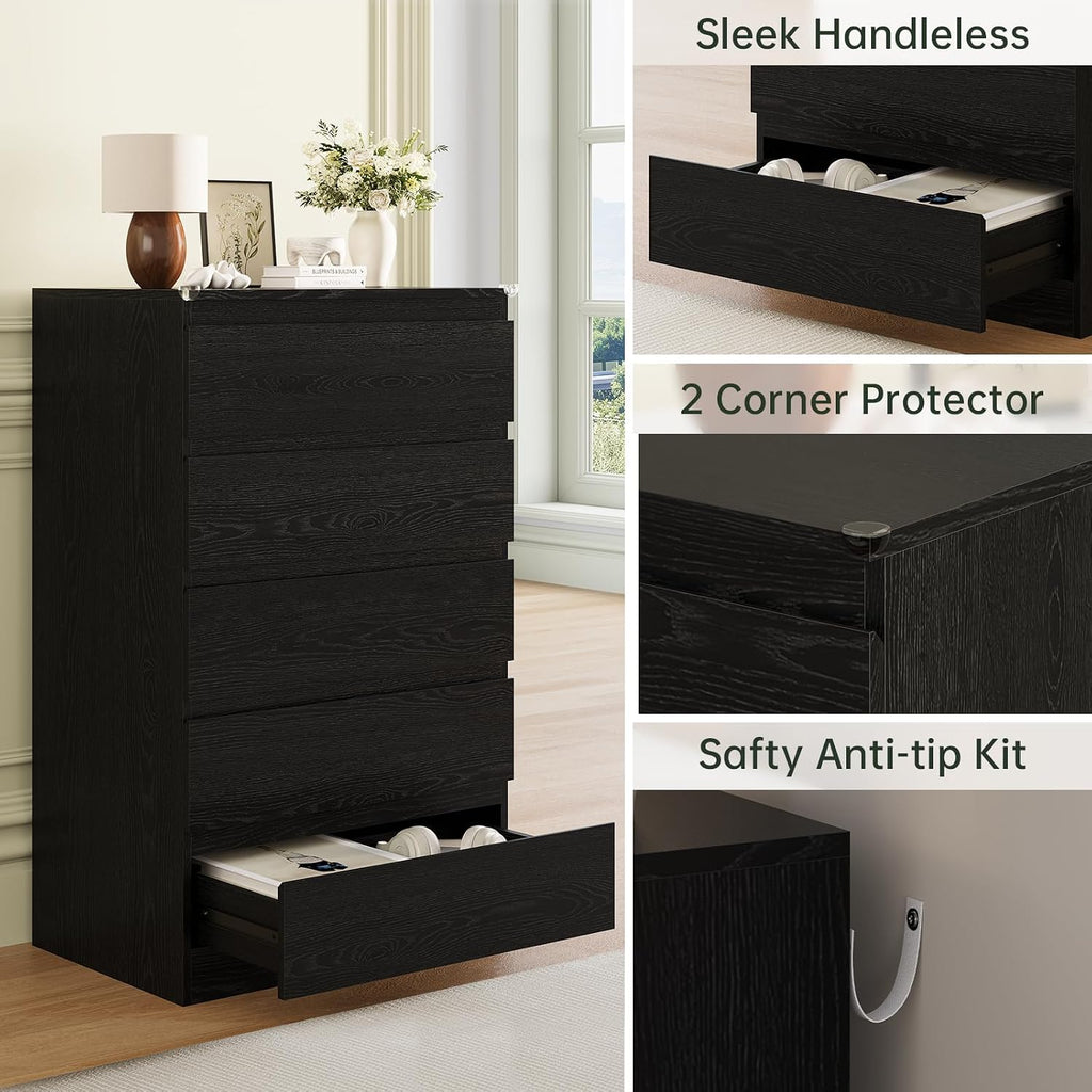 Black Wood Dresser , 5 Drawer for Clothes Storage | Handle-Free, Tall Wooden Chest Drawers , Night Stand