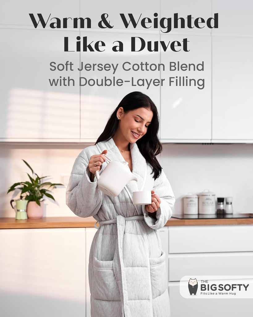 Quilted Luxury Robe For Women - Padded Hotel Spa Duvet Bathrobe - Jersey Cotton Long Length Weighted Bath Robe