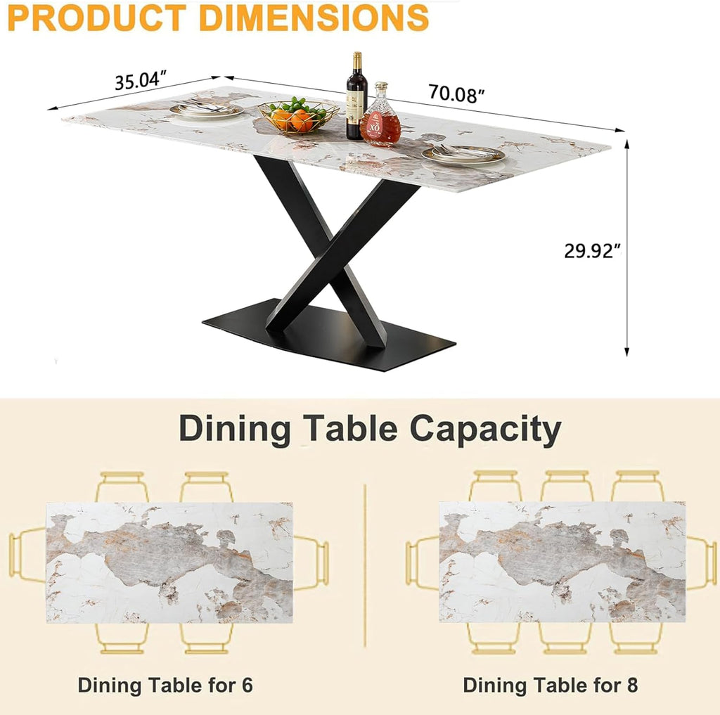 Modern Marble Dining Table, 70" White Kitchen Dining Room Table for 4 6 8 with 0.4" Thick Faux Marble Tabletop and Black Carbon Steel Pedestal,Luxurious Rectangle Large Dinner Table for Dining Room