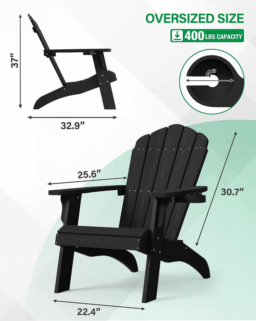Oversized Adirondack Chair with Cup-Holder - Black | Heavy Duty Poly Lumber Outdoor Fire Pit Chair, Weather