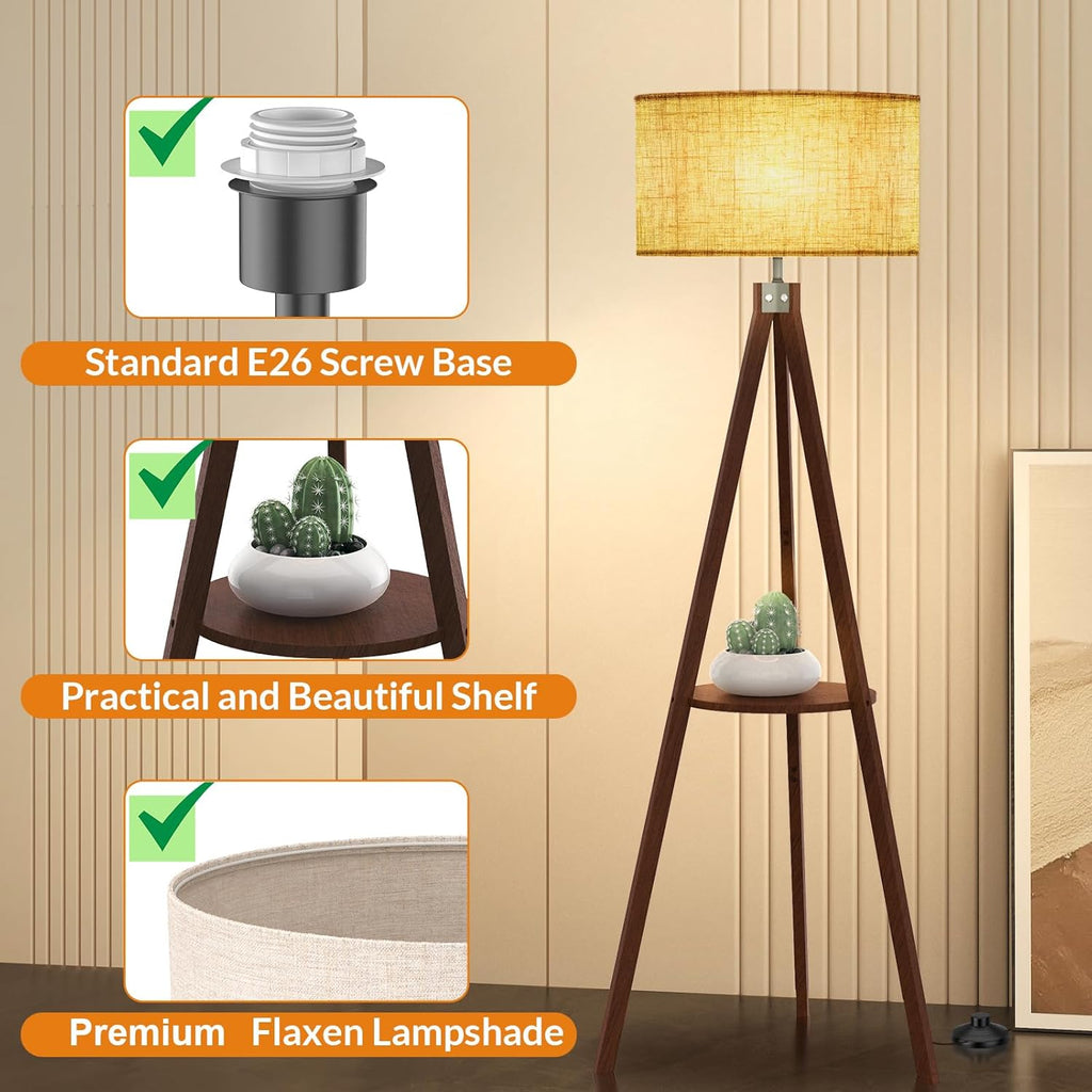 Tripod Floor Lamp, Mid Century Wood Standing Lamp, Modern Design Shelf Floor Lamp
