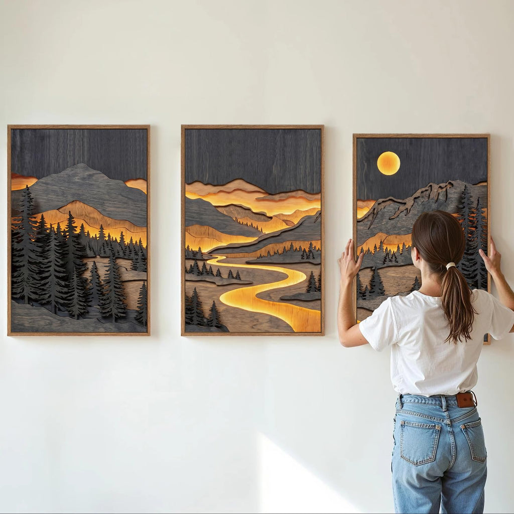 Dark Mountain Framed Canvas Wall Art, Rustic Nature Woodland Landscape Wall Decor, Woodcut Pine Trees Artwork, Retro