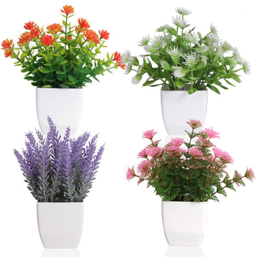 Artificial Potted Flowers 4PCS Fake Small Plant in Pot Mini Faux Plant Door House Office Tabletop Kitchen Colorful