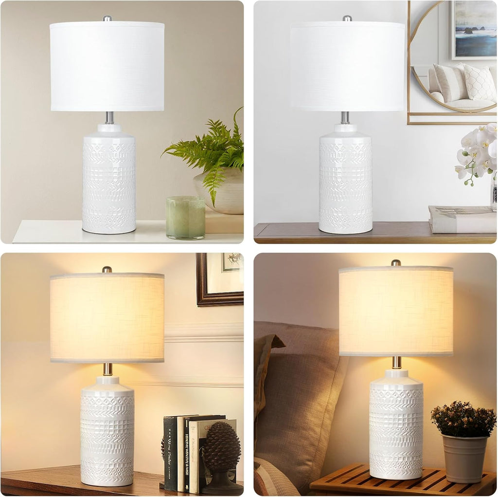 24.5" White Ceramic Table Lamp 3-Way Dimmable Nightstand with White Linen Shade Bedside Lamps & Living Room Office