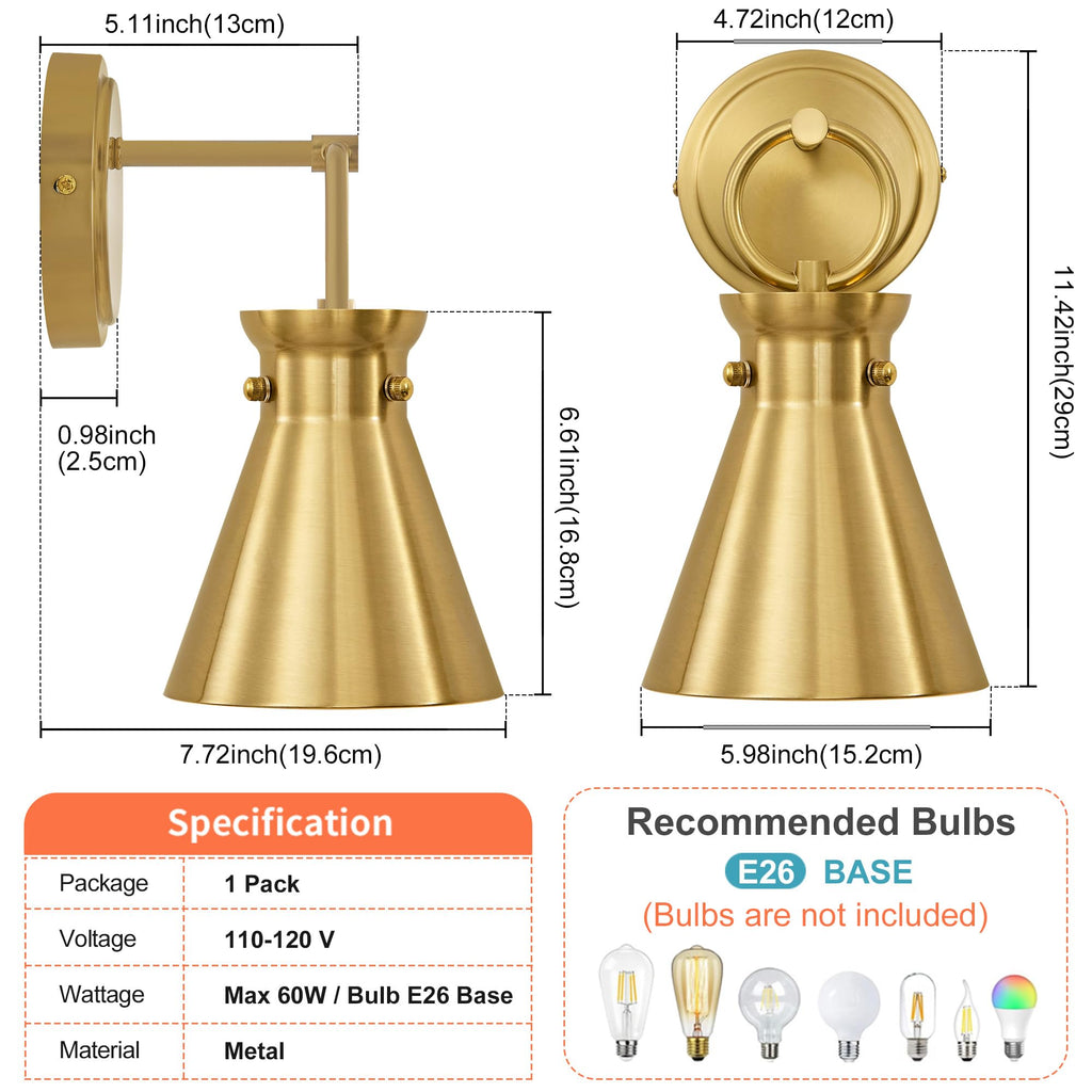 Wall Sconce 6" Gold Metal Shade, 1 Pack