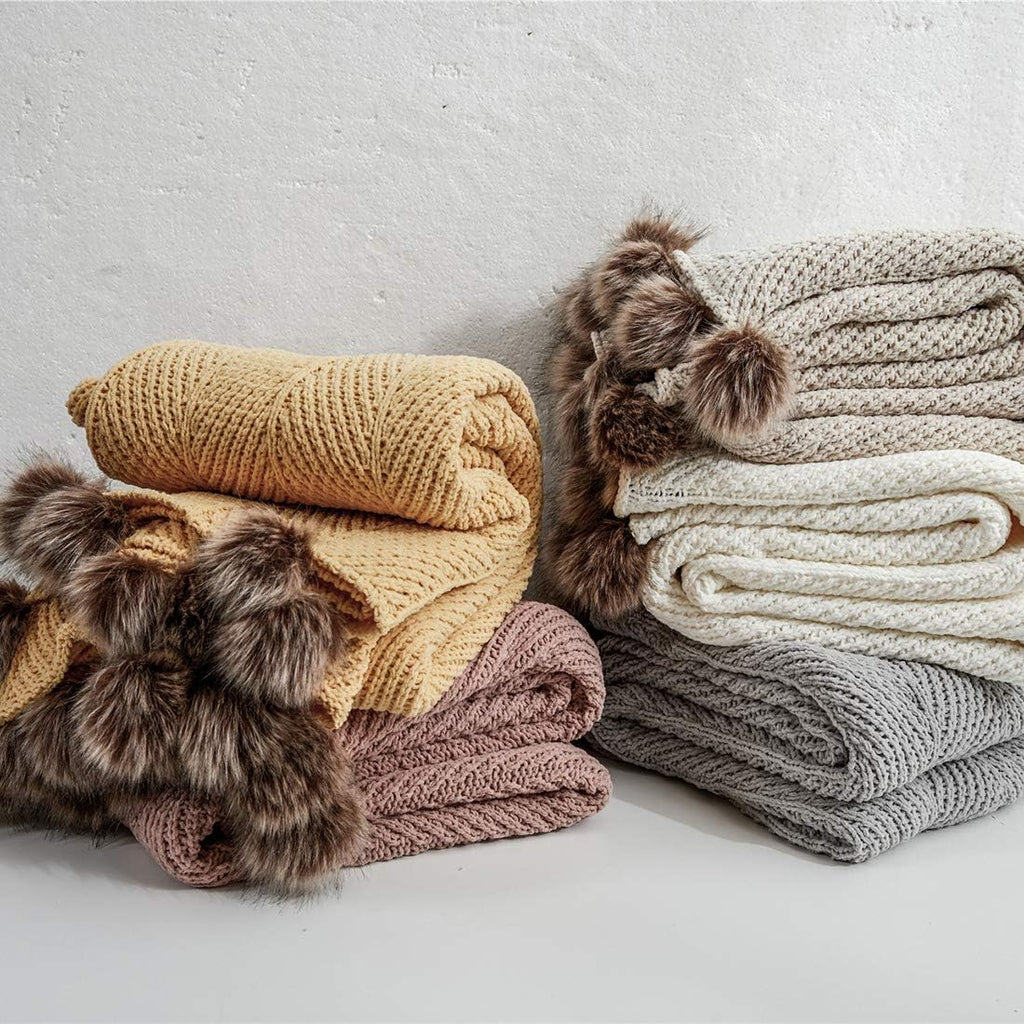 Fur Pom Pom Knit Throw Blanket Super Soft Warm Cozy Cable Knitted Blanket
