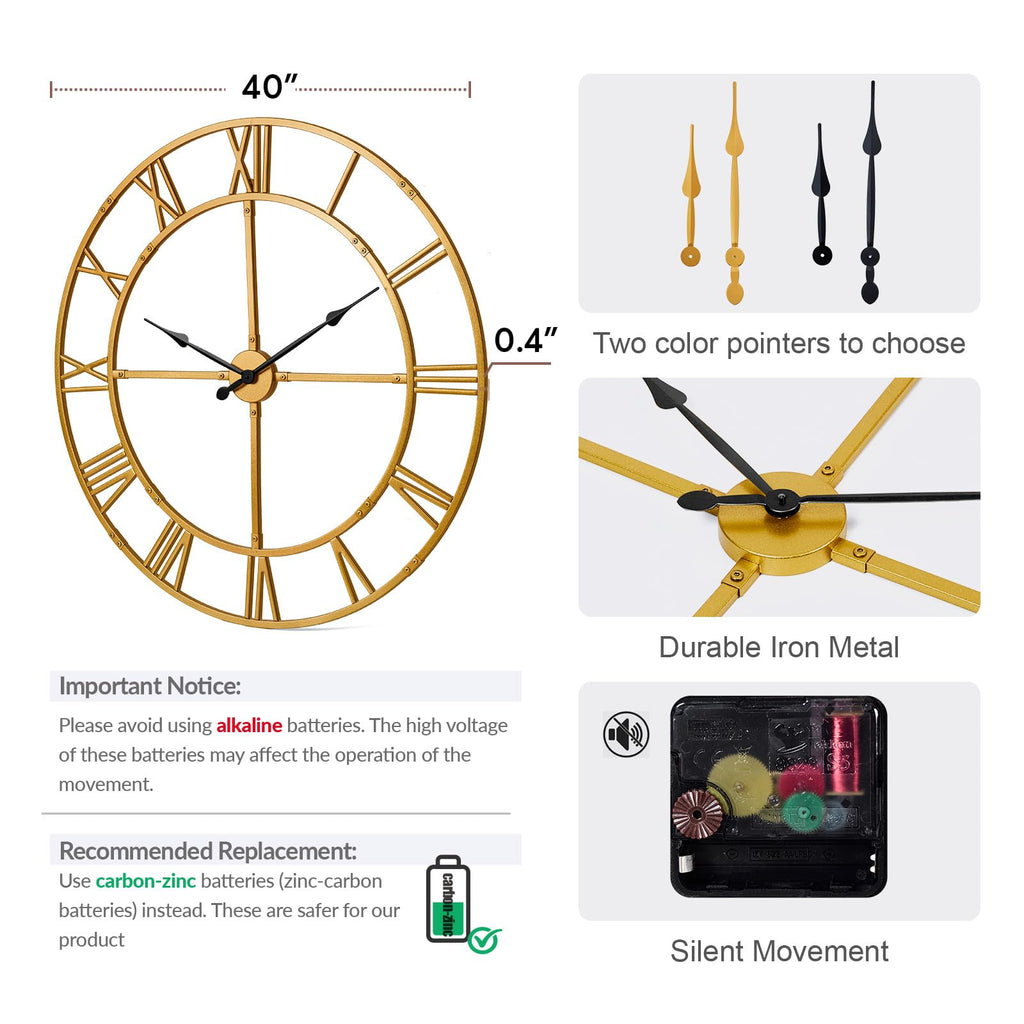 40 Inch Large Silent Wall Clock, Easy Assembly Roman Numeral Gold