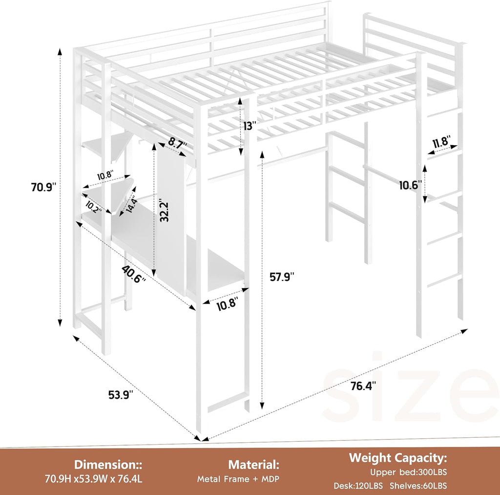 Full Loft Bed with Desk, Metal Frame with 2 Side Ladders, Storage Shelves, Safety Guardrail