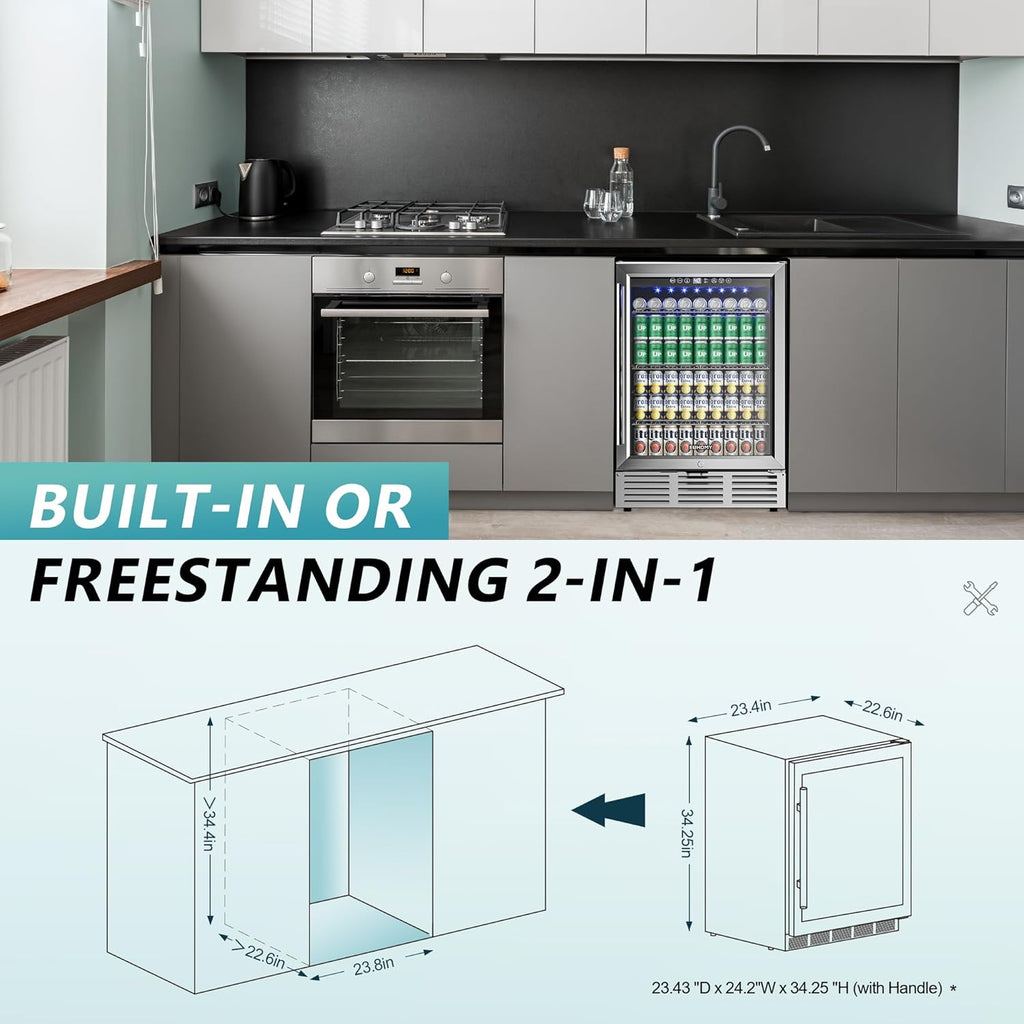 24 Inch Beverage Refrigerator, 180 Can Built-in Beverage Cooler, Under Counter B