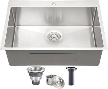 25x22 Inch Drop Sink 16 Gauge Top Mount Handmade T304 Brushed Nickel Kitchen Sink, Stainless Steel Single Bowl