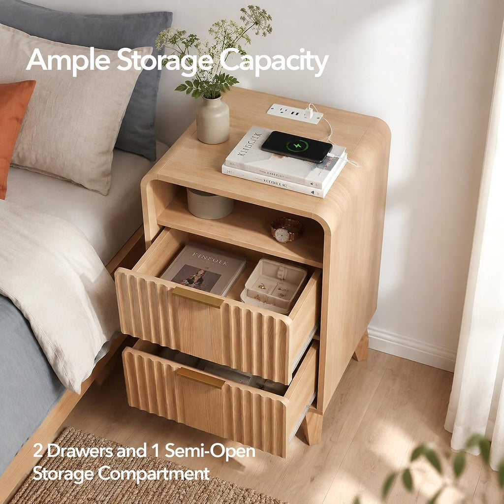 Nightstand, Modern Fluted Nightstand, Side Table with Charging Station, 2 Drawers, Open Shelf, Wood