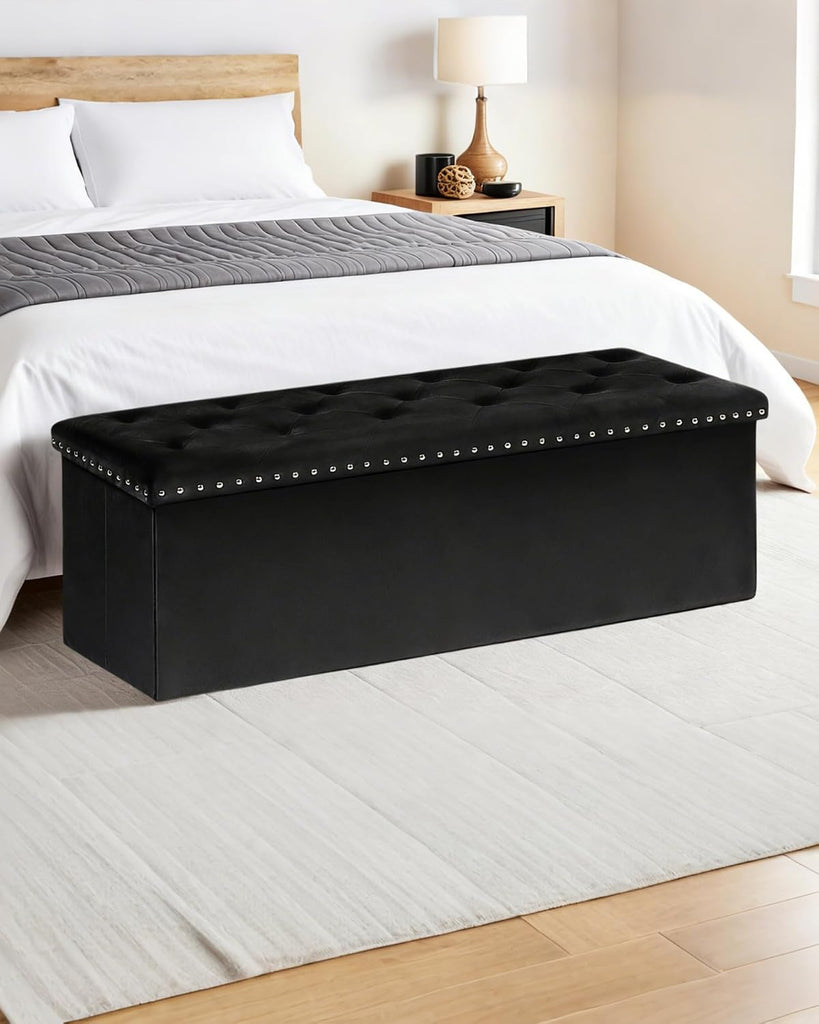 Velvet Storage Ottoman Bench, 43.3" Upholstered Tufted Ottoman with Storage, Folding Footrest Bench , or Entryway