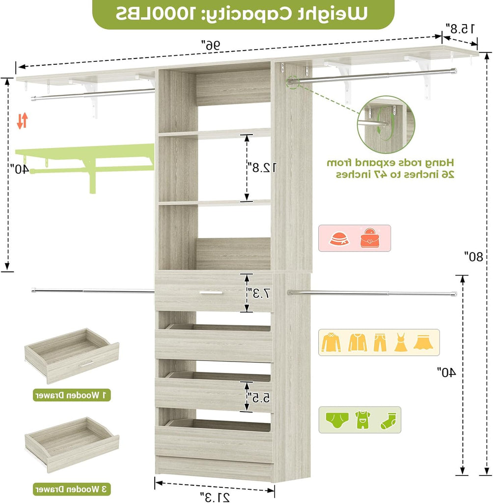 Closet System with 4 Drawers, 8FT Wood Closet Organizer System, 96'' Closet Built In System Tower with Shelves