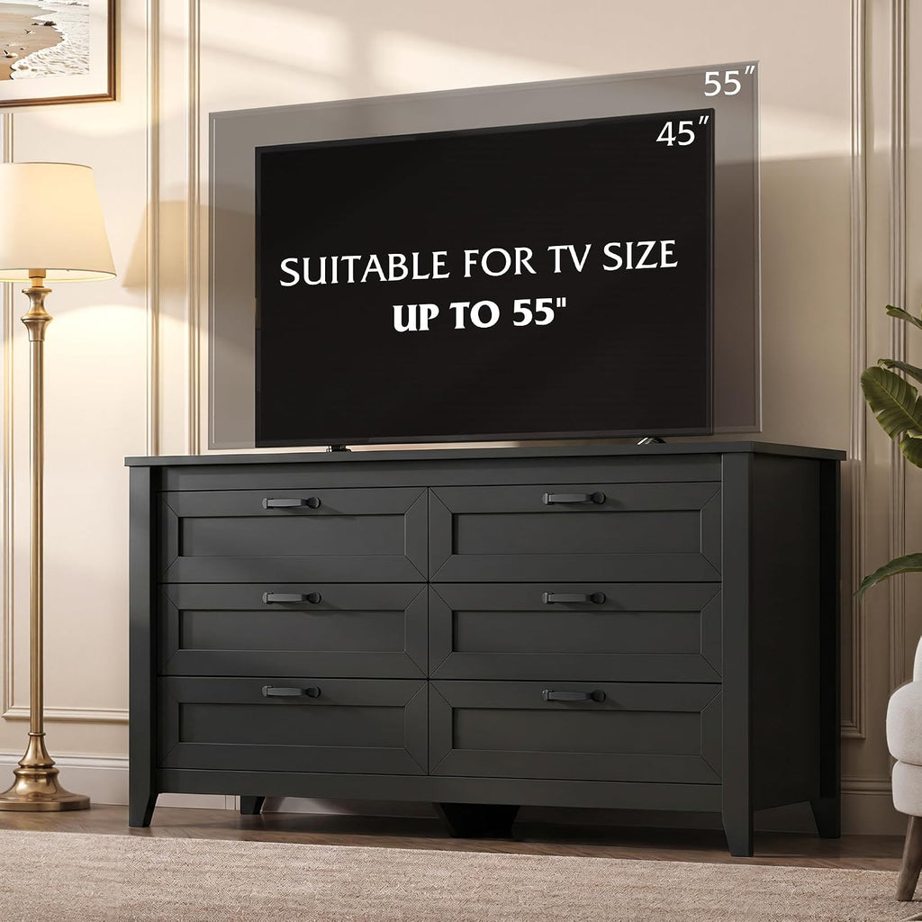 Black Dresser 6 Drawers , Wood Dresser TV Stand for 55" TV | SGS-Tested Large Wooden Chest of Drawers with Metal