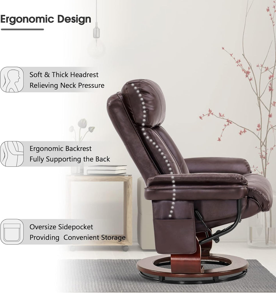 Modern Reclining Swivel Lounge Chair and Ottoman — Brown Faux Leather