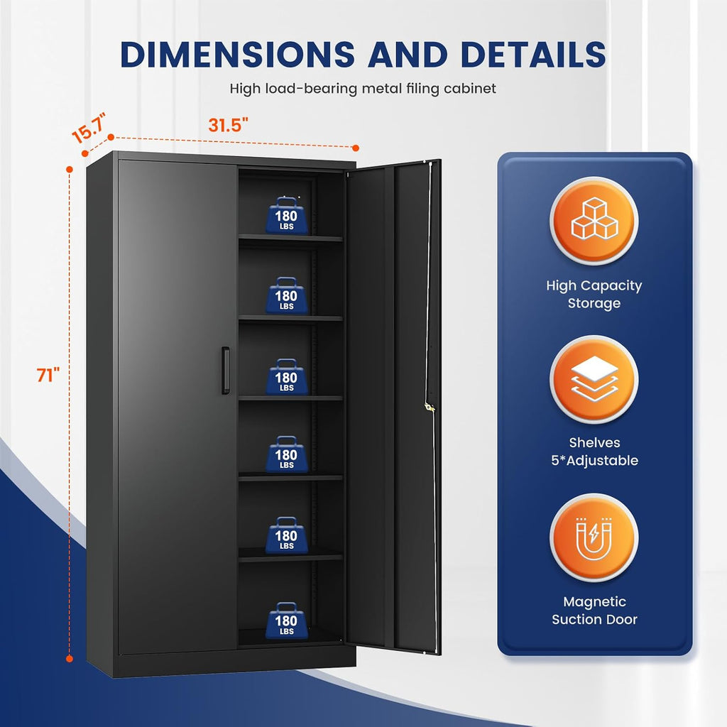 Metal Garage Storage Cabinet with 2 Doors and 5 Adjustable Shelves - 71" Steel Lockable File Cabinet,Locking Tool
