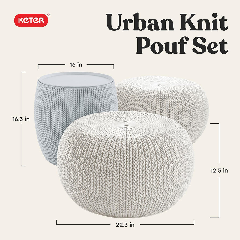 Urban Knit Pouf Ottoman Set of 2 with Storage Table and Room Décor - Perfect for Balcony, Deck, and Outdoor Seating