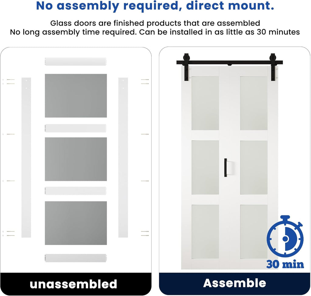 36in x 84in Bifold Barn Door, Frosted Glass Barn Door with Hardware Kit Included, Pre-Drilled Holes 