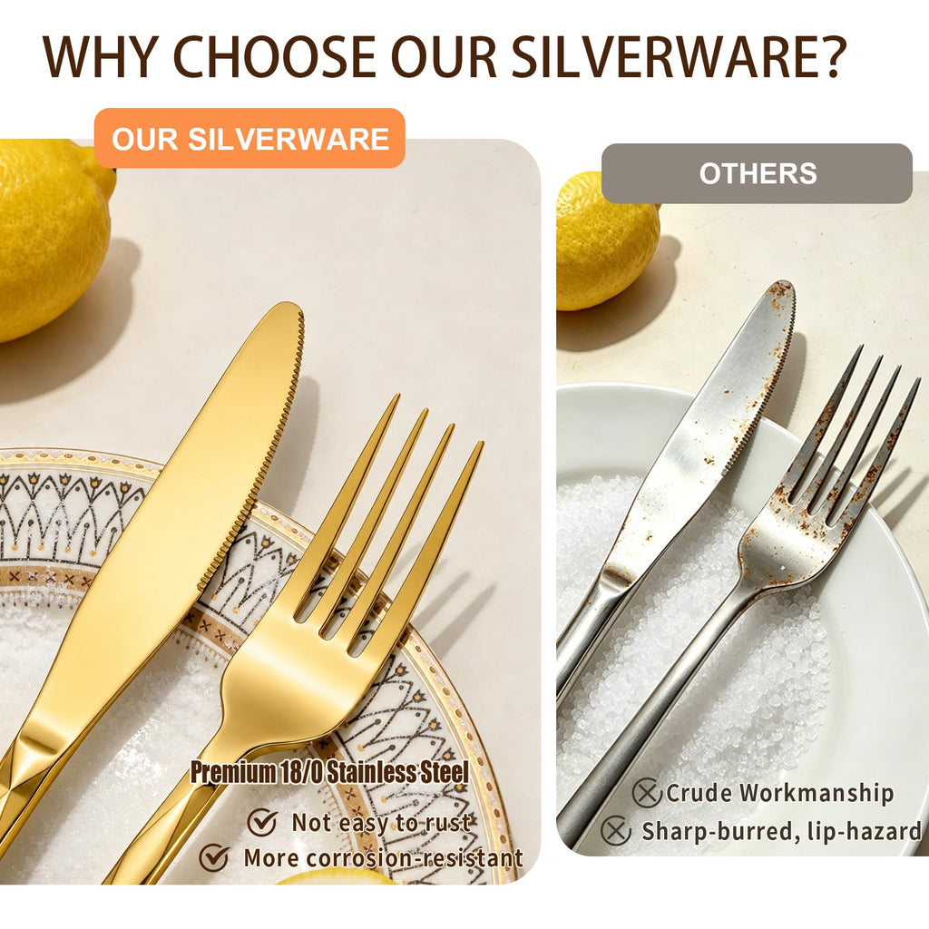 Gold Silverware Set, 5 Piece Flatware Set Dinner Eating Utensils Set