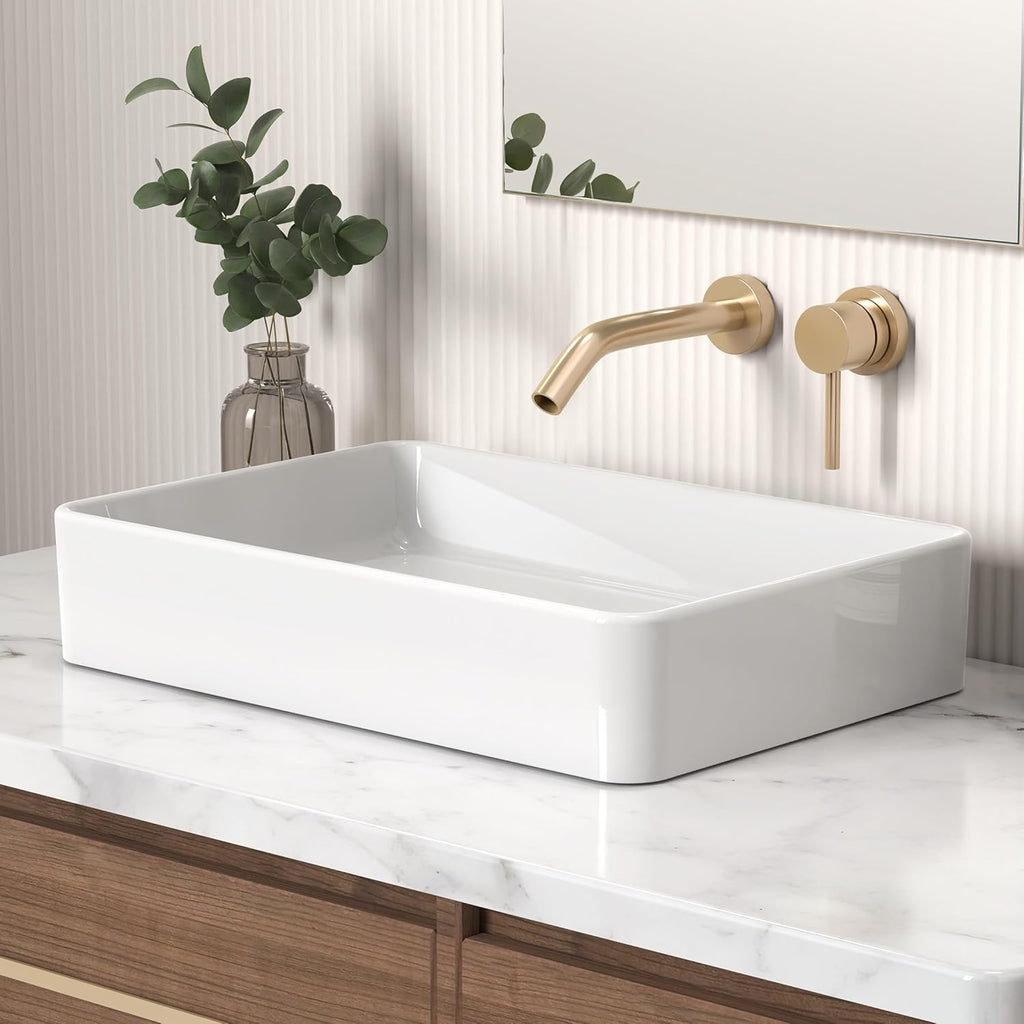 KES Bathroom Vessel Sink 20 Inch Above Counter Rectangular White Ceramic Countertop Sink for Cabinet Lavatory Vanity