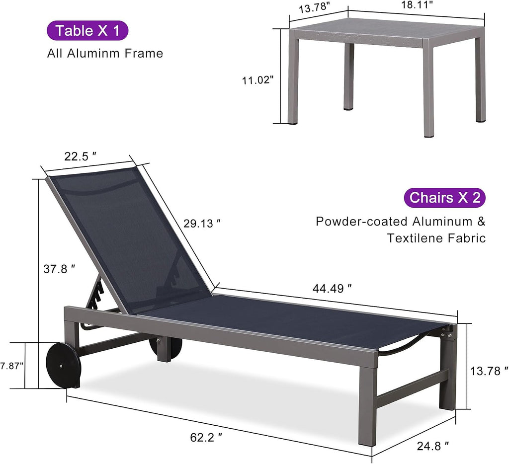 Patio Lounge Chair Set for 2, All Weather Aluminum, Navy Blue | Powder-coated aluminum holds 270 lbs, quick-dry