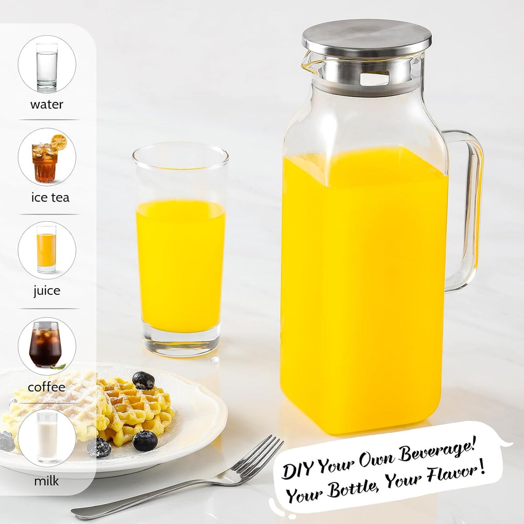 2 Quart (2 Liter 68 oz) Square Glass Pitcher with Lid and Spout, Water Pitchers with Handle for Fridge, Borosilicate