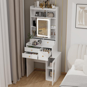 White Mini Vanity Desk with Sliding Mirror Lights and 5 Drawers | Makeup Vanities Set for Small Space,Compact