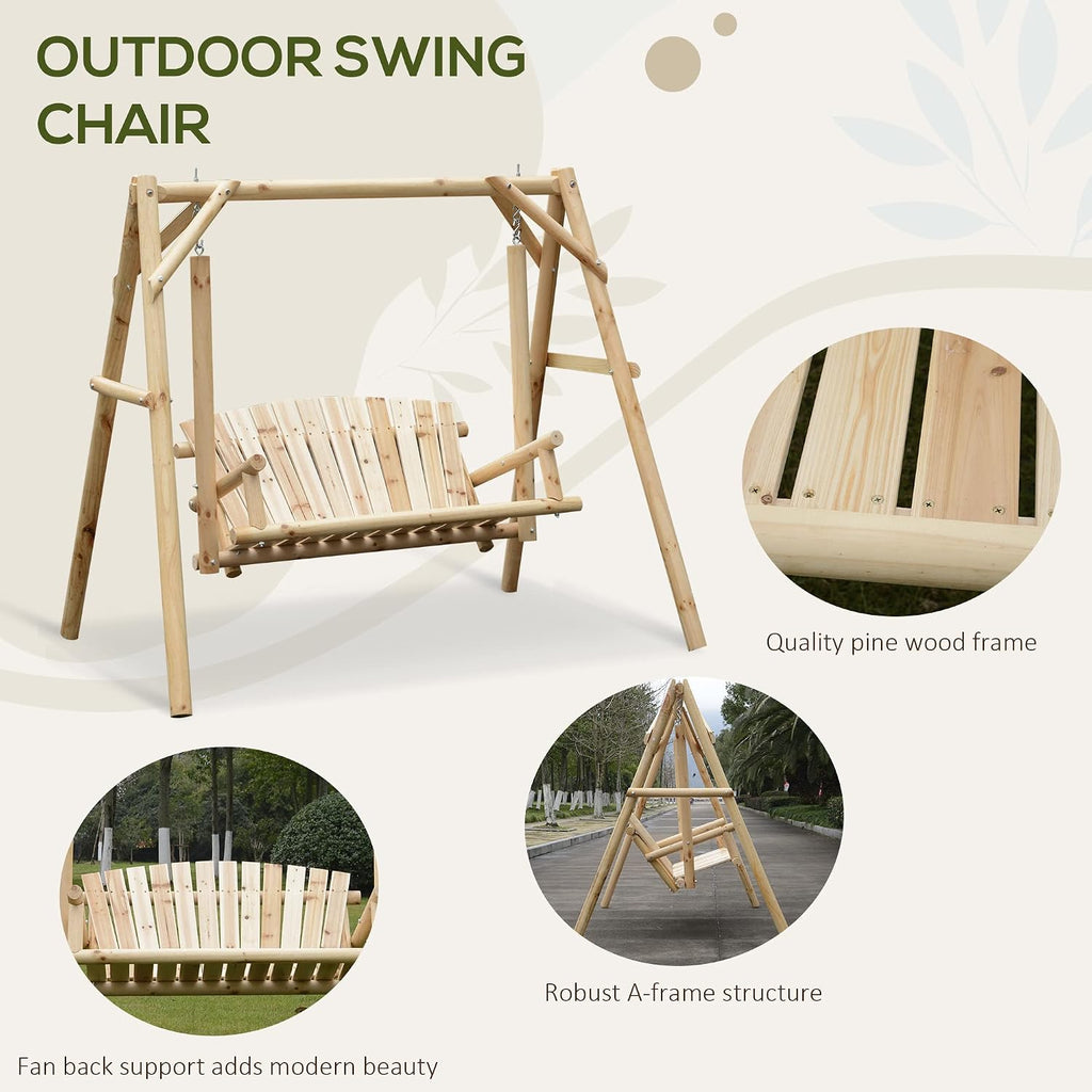 2-Seat Porch Swing w/Stand Wooden Patio Swing Chair Bench Natural | Garden, Poolside, Backyard