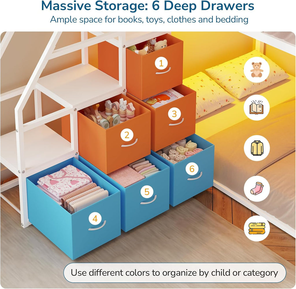 Low Bunk Bed Twin Over Twin with 6 Storage Drawers and 6-Pocket Organizer, Reversible Storage Staircase(Left or Right)