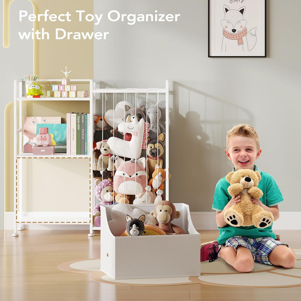 Kids Bookshelf and Toy Storage Organizer, Stuffed Animal Storage Holder with Fabric Toy Chest, 2-Tier Toddler Book