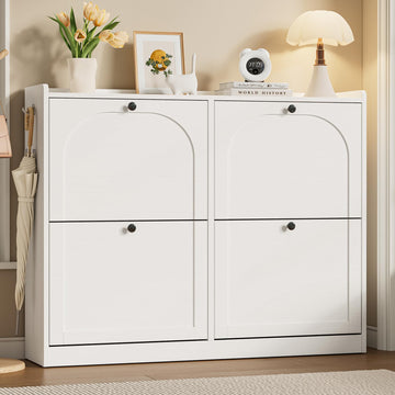 Shoe Cabinet with 4 Flip Drawers & 2 Side Hooks, White