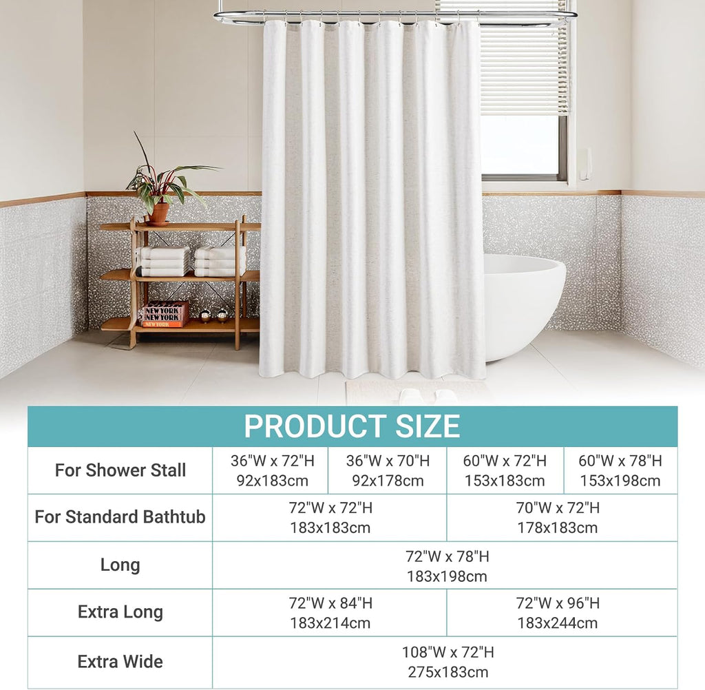 Linen Shower Curtain with 12 Hooks Modern Heavy Duty Washable Fabric Curtain Set Waterproof Thick Cloth Shower