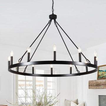 12-Light Black Wagon Wheel Chandelier for Dining Room Farmhouse Pendant Light Fixtures Outdoor for Rustic High