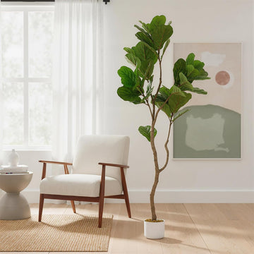 5FT Artificial Fiddle Leaf Fig Tree in White Planter, 61" Tall Fake Plants Ficus Tree with Fake Moss and Trunk