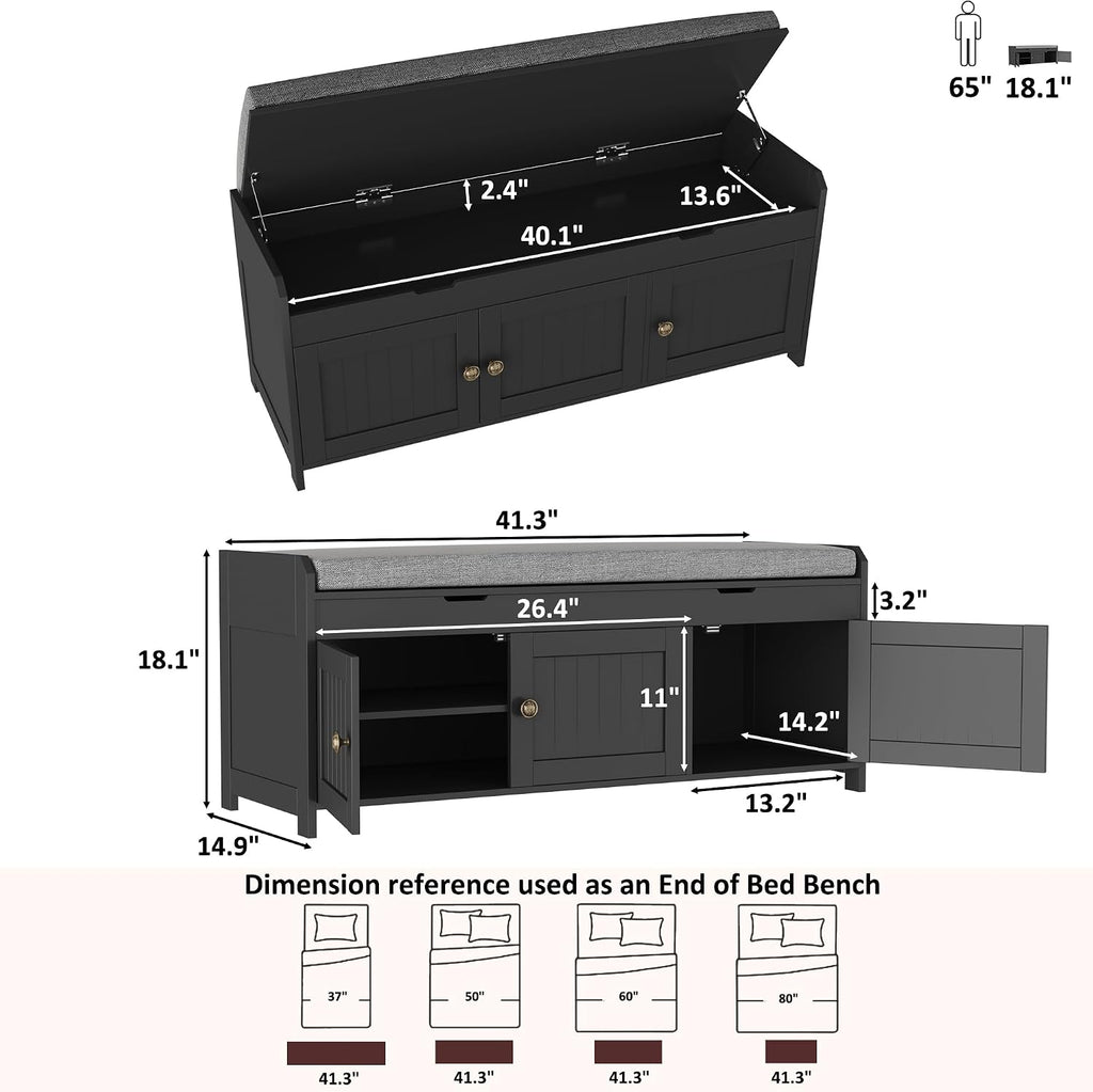 41.3" Shoe Bench with Lift Top Storage, Entryway Bench with Cushioned Seat, Wooden End of Bed Bench, Shoe Cabinet
