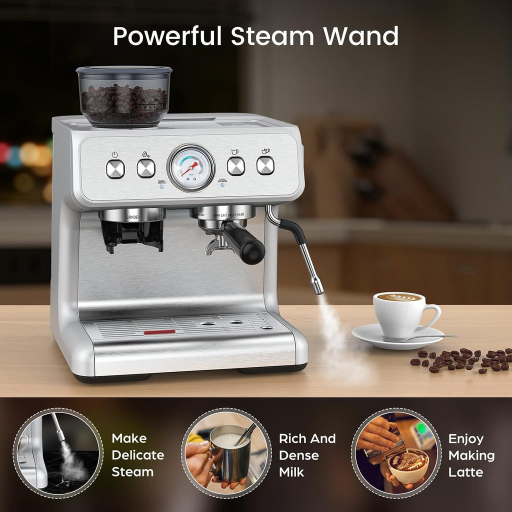 (2026 Upgrade) Espresso Machine with Grinder, Expresso Coffee Machines with Built-in Anti-Clog Coffee Grinder/Milk