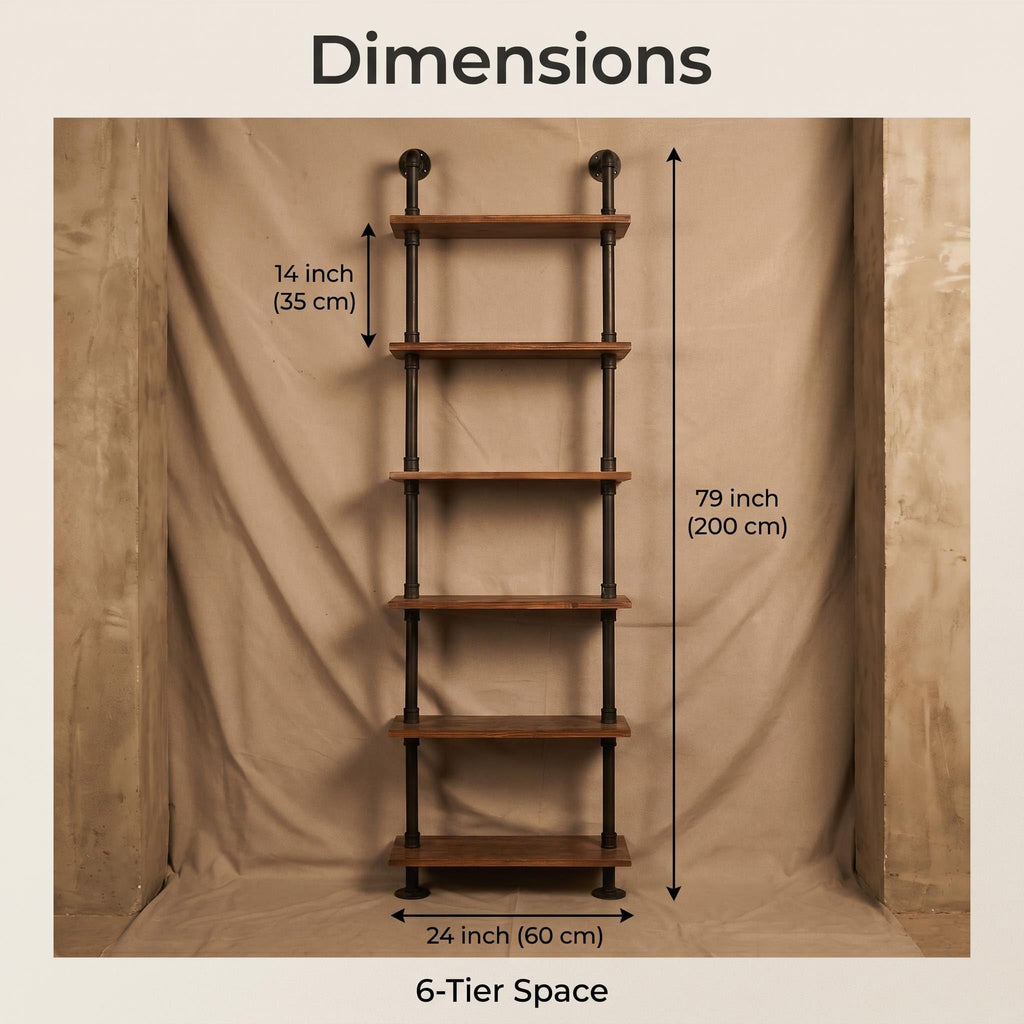 Industrial Pipe Shelves Rustic Modern 24"W Wood Ladder Bookcase with Metal Frame, Pipe Wall Shelf, Wood Storage, Home