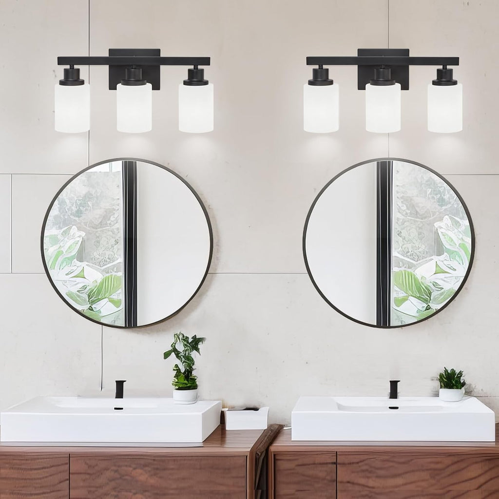 3-Light Bathroom Light Fixtures Over Mirror, Modern Matte Black Vanity Lights with White Frosted Glass Shade