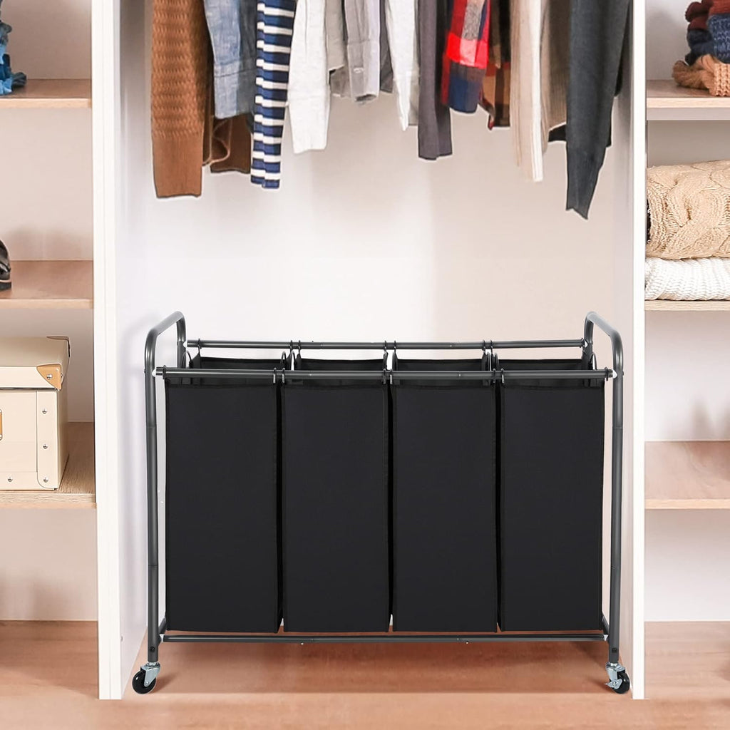 Laundry Sorter 4 Section, 4 Bag Clothes Hamper, Rolling Laundry Cart Basket with Heavy Duty Lockable Wheels and