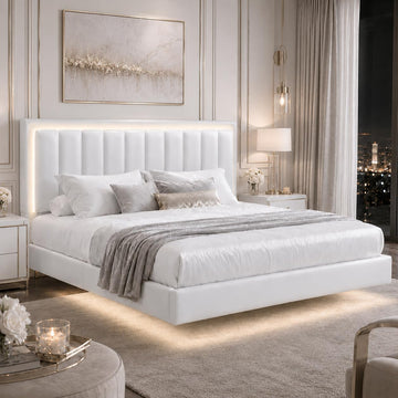 King Size Floating Bed Frame with LED Lights, Upholstered Platform Bed with Headboard, 11 in Storage Clearance, Solid